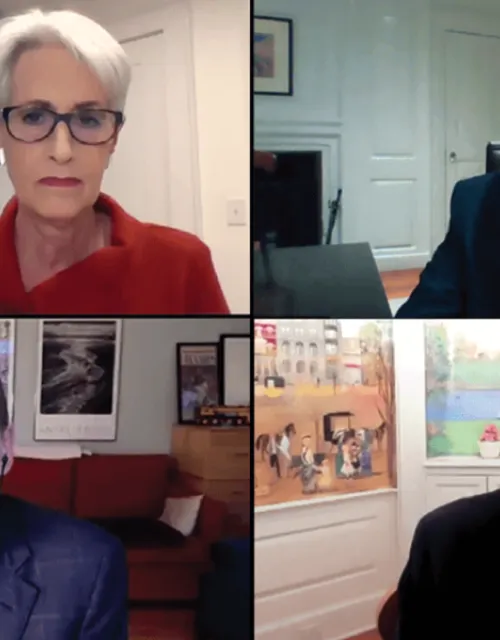 (Clockwise from top left): Wendy Sherman, Larry Bacow, David Rubenstein, and Doug Elmendorf in conversation about the role of leadership.