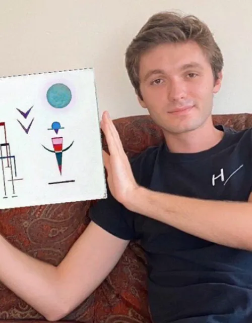 Vlad Batagui (with Wassily Kandinsky’s “Jocular Sounds”) leads his tour from 5,000 miles away in his native Bucharest, Romania.