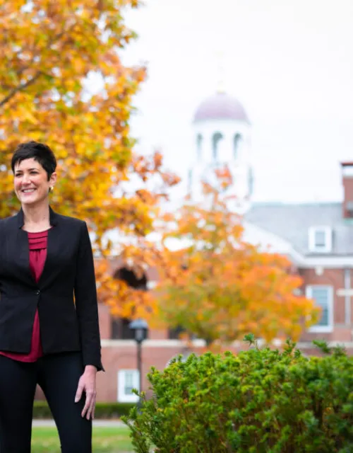 Erin McDermott, the John D. Nichols ’53 Family Director of Athletics, is pictured near the Murr Athletics Center at Harvard University.