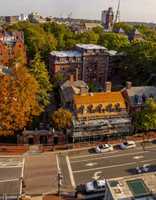 A bird's-eye view of campus along Massachusetts Avenue.