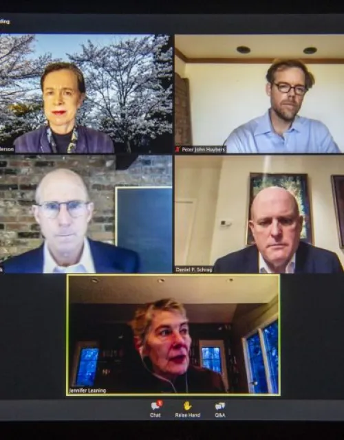 Rebecca Henderson (clockwise from upper left), Peter Huybers, Daniel Schrag, Jennifer Leaning, and Jim Stock discuss the way forward to fight climate change.