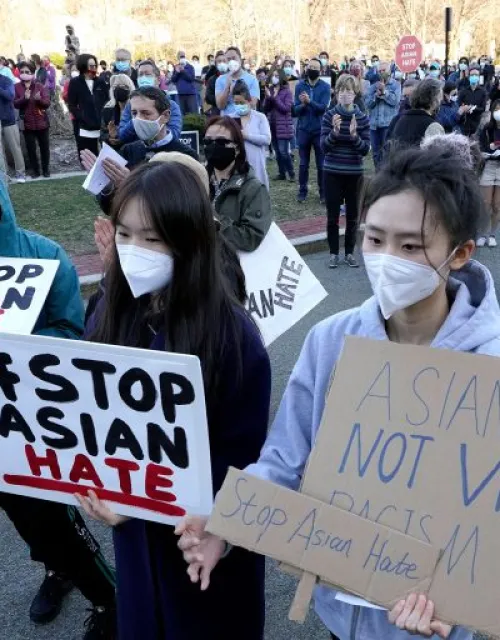 Protesters during a rally held to support Stop Asian Hate in Newton, Mass., on March 21.