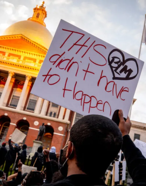 Following the death of George Floyd, protesters gathered in front of the State House in Boston.