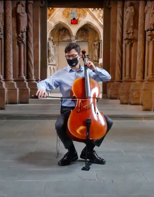 Cellist Camden Archambeau ’23 performs Sonata for Solo Cello by Zoltán Kodály in Adolphus Busch Hall.
