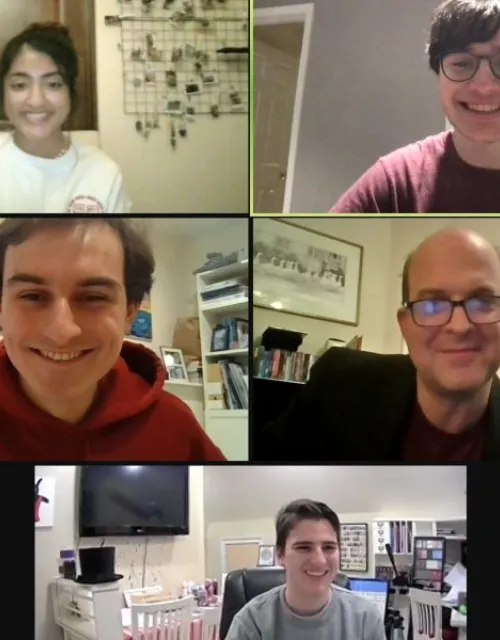 Performers at SHAM’s first show are Nikita Nair ’24 (clockwise from top left), Ben Meron ’23, Mark E. Glickman, Taylor Kruse ’23, and Sam Dvorak ’23.