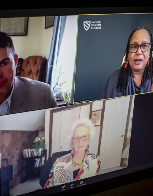 Harvard Radcliffe Institute panelists were Jim Down (clockwise from upper left), Evelynn Hammonds, and Susan M. Reverby.