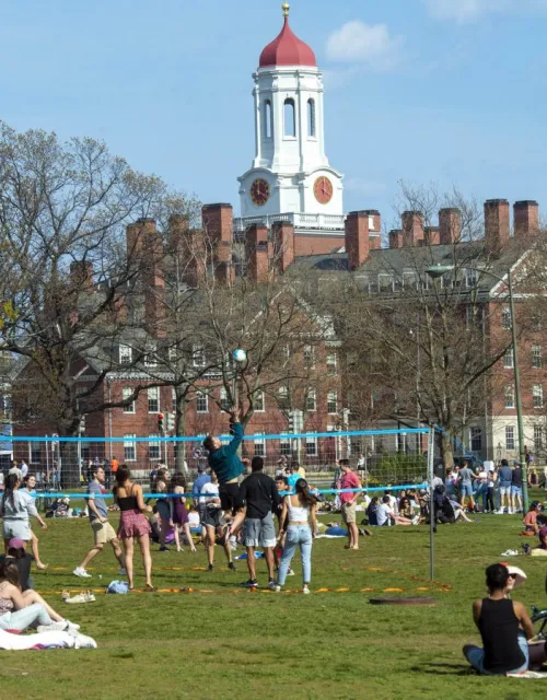 Members of the Cambridge community gather on the lawn by the Weeks Footbridge for some relaxation and casual volleyball. The Dunster House tower looms in the background.
