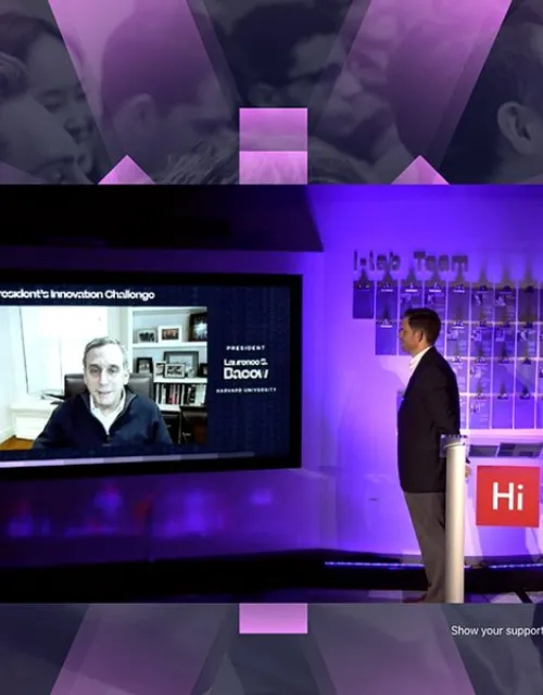 University President Larry Bacow giving his live remarks during the virtual ceremony.