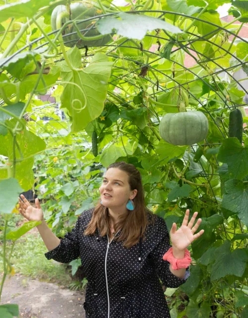 Magdalena Siwek gives a tour of the garden at the Center for Astrophysics.