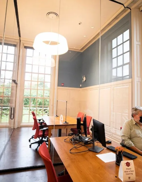 Lewis Day (pictured) speaks from the new reading room desk.