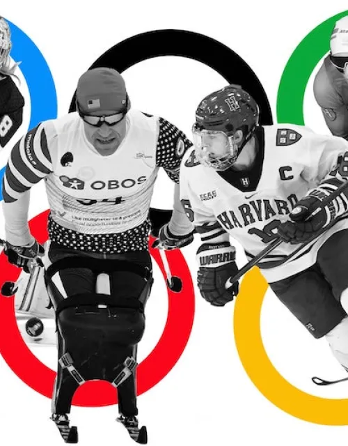 Emerance Maschmeyer (from left), Dan Cnossen, Nick Abruzzese, and Rémi Drolet are among Harvard athletes in Beijing Olympics.