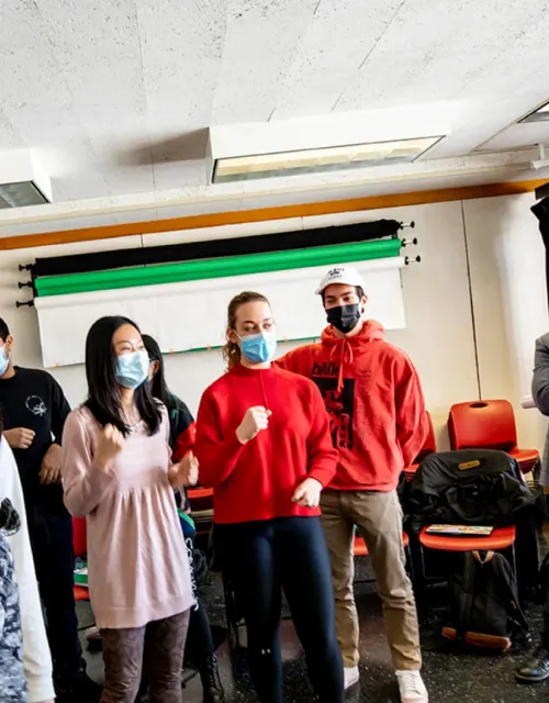 Students improvise a scene in the Theater, Dance & Media class “The Power and Relevance of the American Musical.” Rose Lincoln/Harvard Staff Photographer