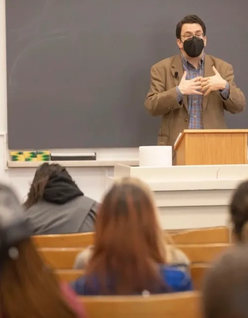 Derek Miller teaches a course that examines race and ethnicity, gender and sexuality, and disability representation on Broadway.