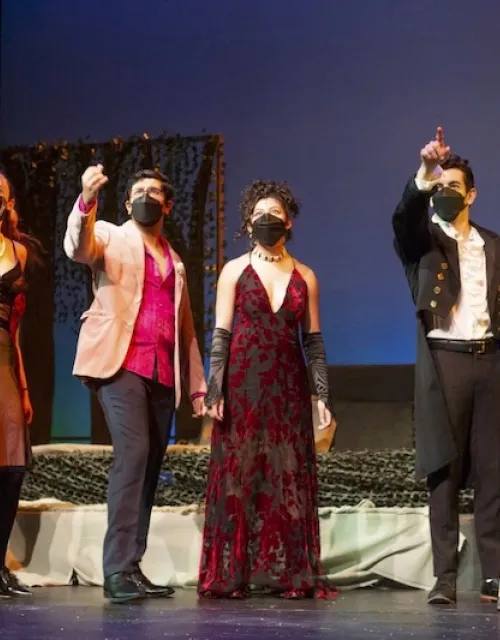 Cecilia Nakfoor '25 (from left), Phiroze Parasnis '22, Daniela Castro '22, and Jovanni Candia '22 enact a scene from "Into the Woods."