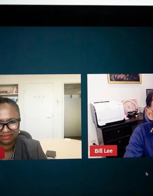 “If I thought there was affirmative discrimination against Asian Americans, I would not have been the lead trial lawyer,” William Lee (right) told Sherri Ann Charleston during a forum hosted by the Office of Equity, Diversity, Inclusion and Belonging.