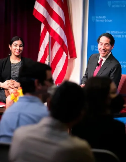 U.S. Rep. Jamie Raskin (center) and moderators Tarina Ahuja (left) and Lauren Perl fielded questions during Wednesday’s event.