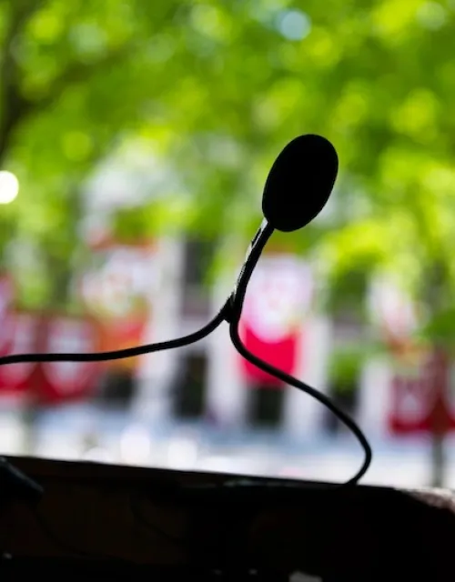 Image of microphone at Commencement.