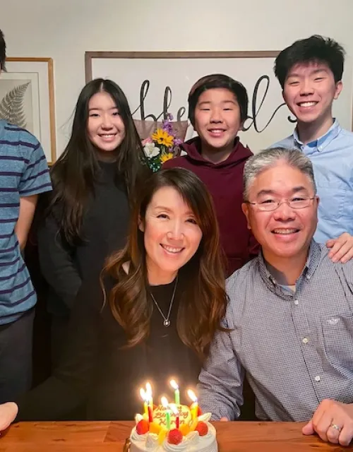 Elijah Suh ’22 (top right) and his family celebrate his mother's 53rd birthday in Misawa, Japan, last year. Clockwise from top left are siblings Jeremiah, Hannah and Joshua, and parents David and Karen.