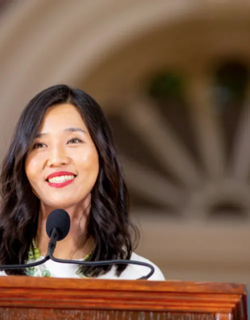 Class Day speaker Michell Wu urged seniors to “harvest your imaginations focus on the good we can do when we work together. And let’s let go of our instincts to protect the status quo.”