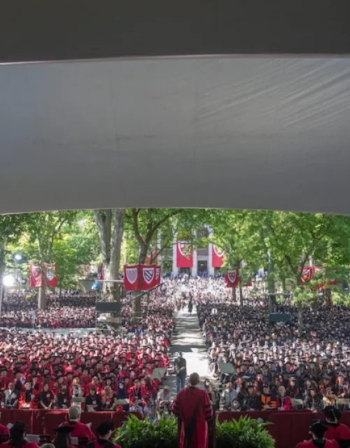 An estimated 8,800 graduates from Classes 2020 and 2021 registered for Sunday's Commencement, enough to fill Tercentenary Theatre.