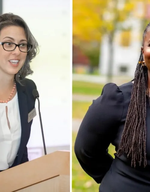 Nicole Merhill (left) and Sherri Charleston discuss an expanded set of self-identity options available to Harvard employees in PeopleSoft.