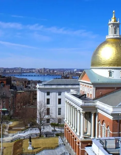 A birds eye view of the Massachusetts Statehouse in Boston.