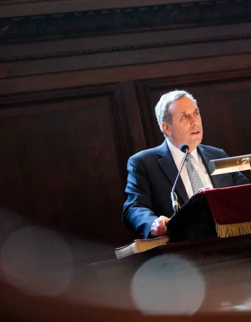 In his annual address at Morning Prayers, President Larry Bacow calls for the Harvard community to argue rigorously with others in defense of Veritas.