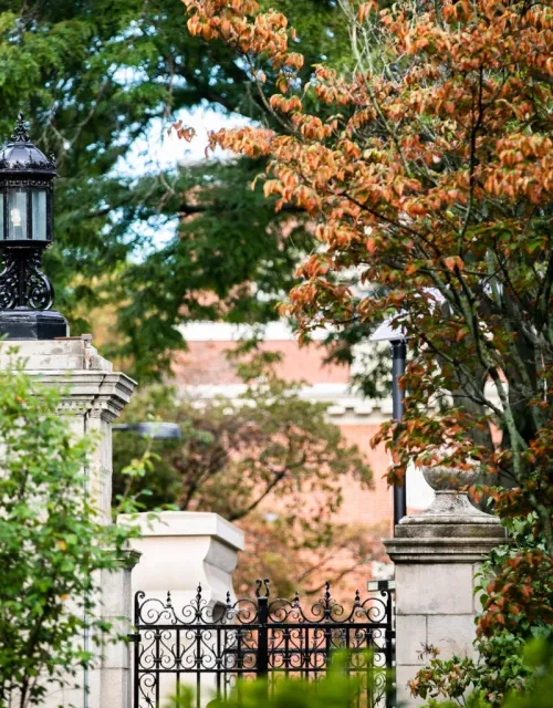 The gate outside Lamont Library.