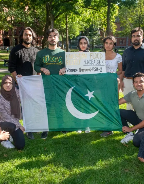 Nosher Ali Khan ’23 (from left), Iqra Noor ’23, Asmer Safi ’24, Hamaad Mehal ’24, Aseelah Ashraf ’24, Harini Kannan ’24, Ibraheem Khan ’23, Saaim Khan ’25, and Usman Omer ’23 are among the students who have raised $32,000 in aid for flood devastated Pakistan.