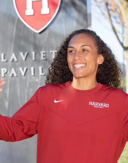 “I feel like I’m the right person for it. I don’t see it as pressure; I see it as a tremendous opportunity,” says Carrie Moore, the Kathy Delaney-Smith Head Coach for Harvard Women’s Basketball.