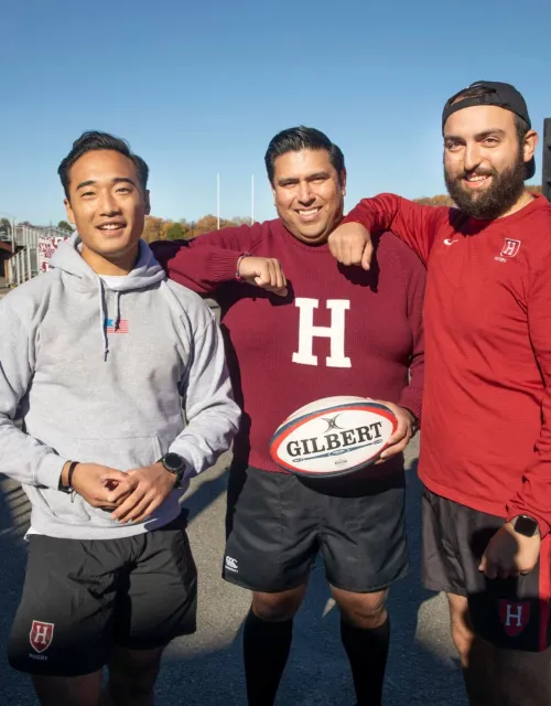 Joining forces on the rugby field are veterans Nick Ige ’25 (from left), who did six combat tours in Afghanistan, Aaron Rosales ’26, who served eight years in the Marine Corps, and Ben Allen ’24, a nuclear mechanic in the Navy.