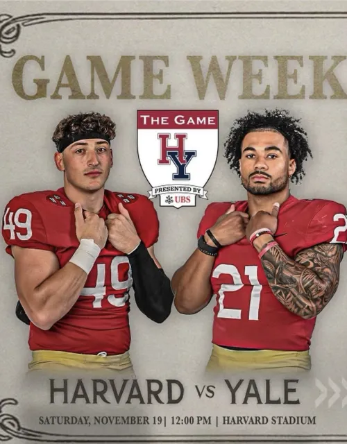 Two Crimson football players on Harvard Yale poster