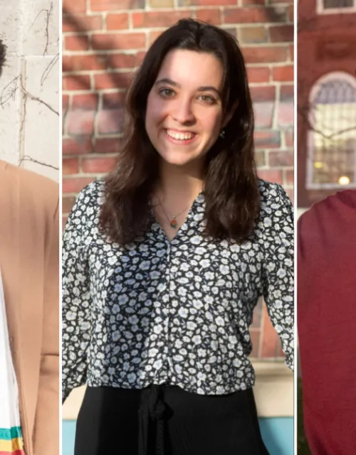 Three Harvard seniors are heading to England and Ireland in the fall after being awarded Rhodes and Mitchell scholarships: Marcus Montague-Mfuni (from left), Sílvia Casacuberta Puig, and Michael Frim.