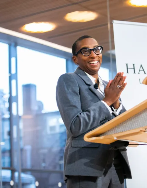 News - Claudine Gay addresses the Harvard community for the first time as president-elect. Stephanie Mitchell/Harvard Staff Photographer