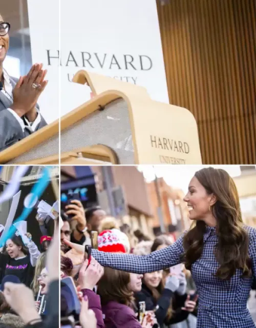 A gridded image with the top left corner displaying Dean Gay; the top right corner displaying football players in the middle of the game; the bottom left displaying students cheering at a game; the bottom middle displaying Kate Middleton saying hi to fans; the bottom right displaying Dean Khurana shaking hands at smiling up at a man. 
