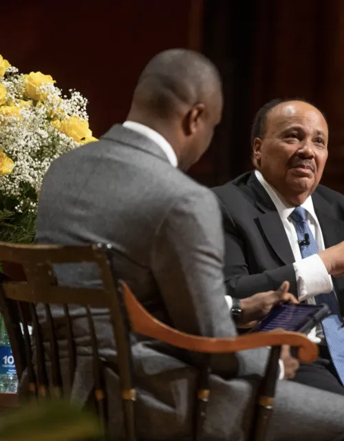 Martin Luther King III (right) spoke with Professor Brandon Terry, addressing the death of Tyre Nichols and calling for more police training and culture change within departments.