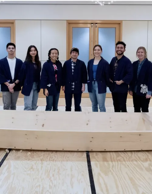 The finished 22-foot long Japanese wooden boat built during a winter session workshop at the Harvard Edwin O. Reischauer Institute of Japanese Studies.