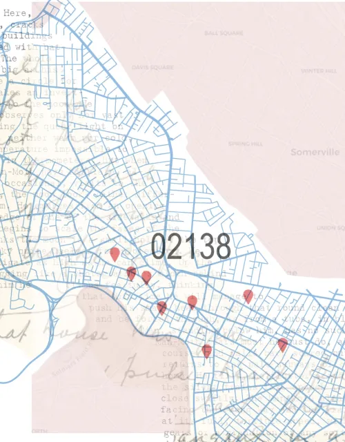 Illustration of map of Cambridge, MA with poetry in background