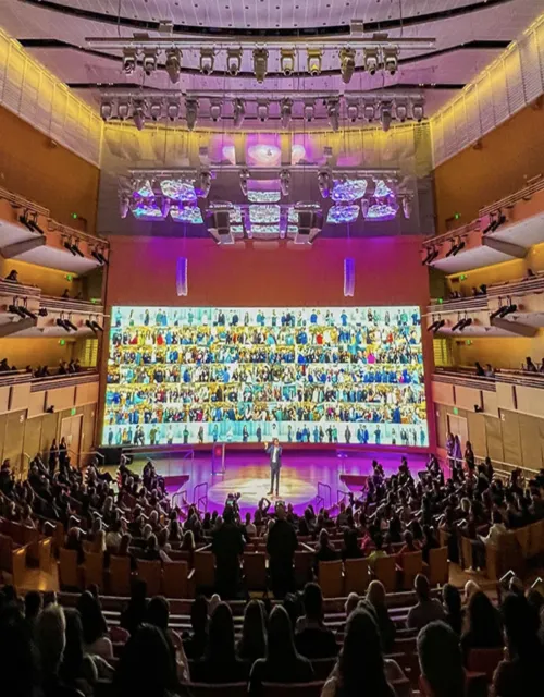 Attendees from around the world gathered at Klarman Hall for the President's Innovation Challenge, which featured an immersive audio visual display.