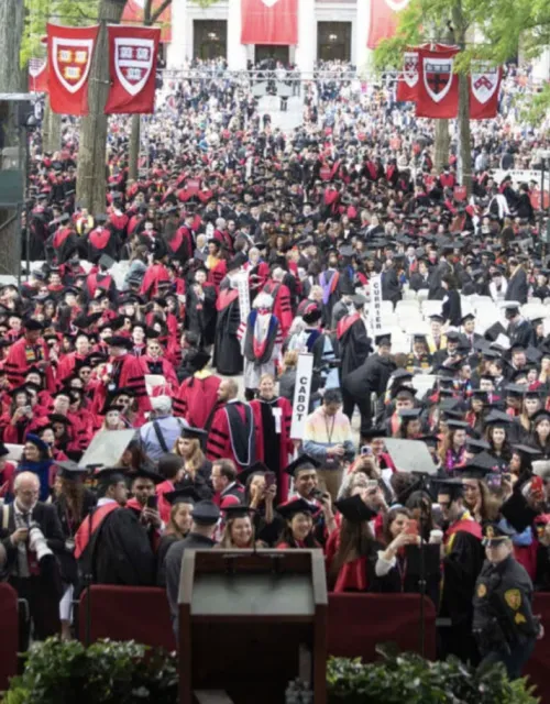 crowd of graduates in Harvard Yard in seats on Commencement