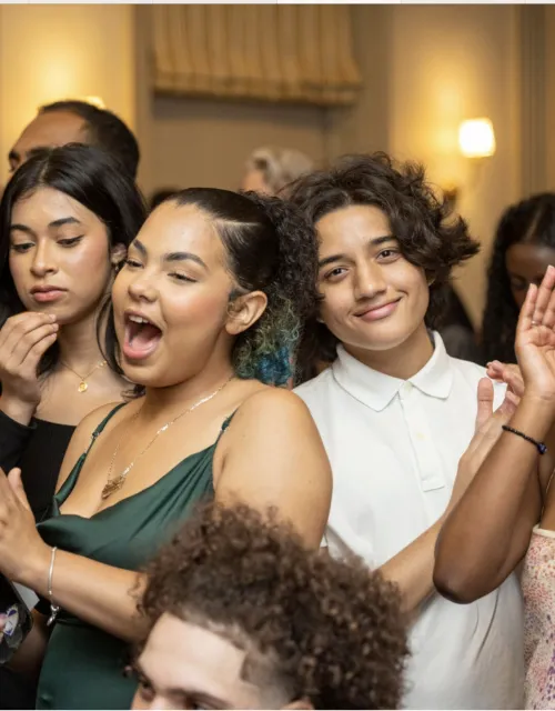 Several students dressed in formal attire dance, sing, and shout in a well-lit room. One of the students is smiling directly at the camera.