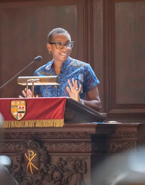 President Claudine Gay shares her story during Morning Prayers at Appleton Chapel.