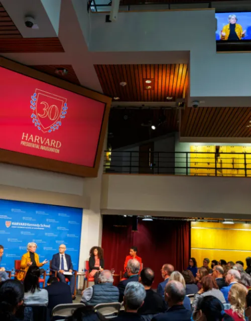 “Revitalizing Democracy” was one of six symposia included in the inauguration celebration. It featured moderator Guy-Uriel Charles (from left), Archon Fung, Jill Lepore, Daniel Ziblatt, Yanilda Gonzalez, and Danielle Allen.