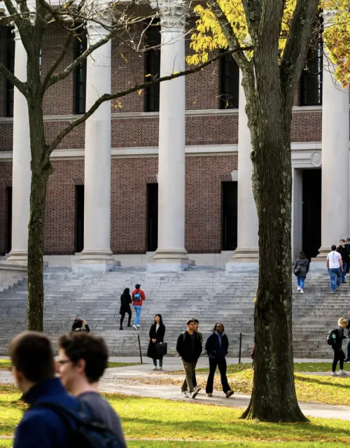 Students walking through Harvard Yard in front of Widener Library. 