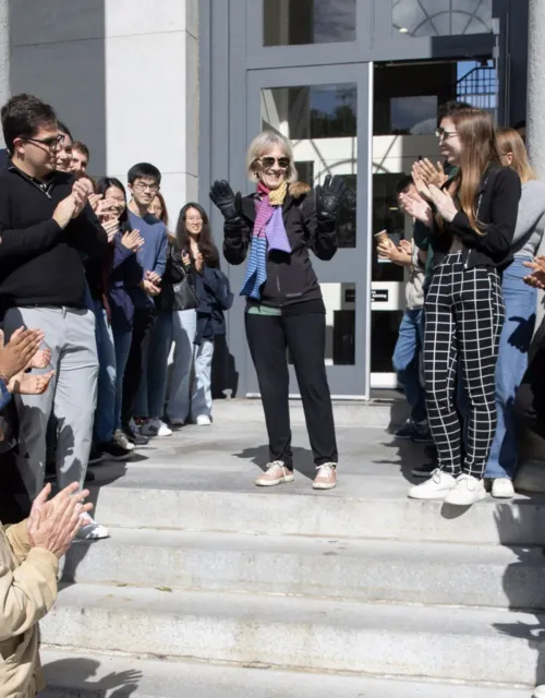 Students, colleagues, and friends gathered on the steps of Littauer Center to celebrate Claudia Goldin.