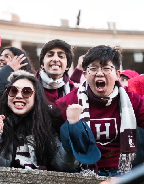 A group of fans cheering in the stands of Harvard Stadium. 