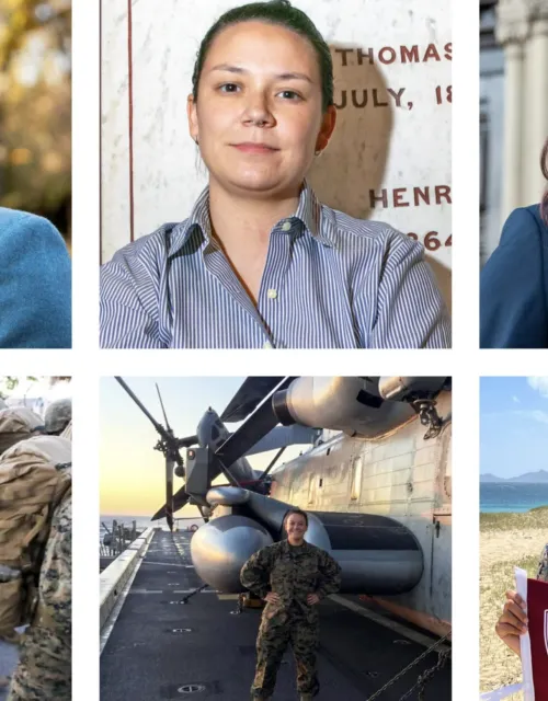 Alyssa Ross (from left), Naomi Whidden, and Vanessa Valverde on campus and during their military service.