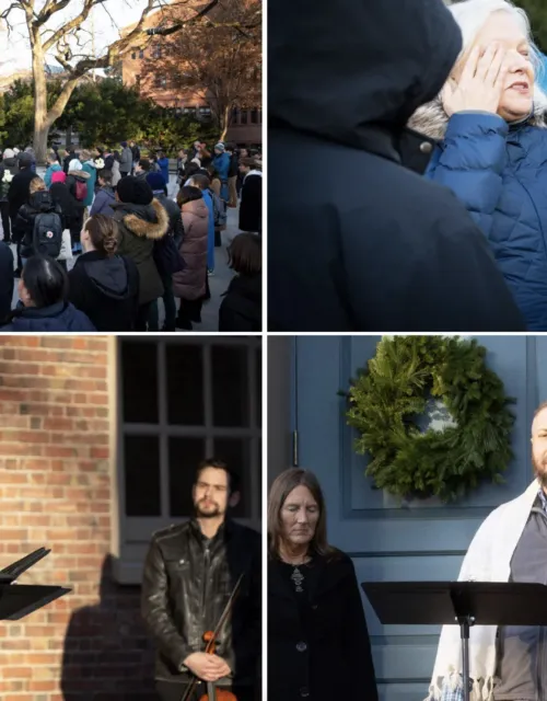 Members of the community [clockwise from top left], including Harvard President Claudine Gay, attended an interfaith vigil Friday on the steps of Memorial Church to grieve for victims of the violence in Israel and Gaza. Rabbi Getzel Davis and Imam Khalil Abdur-Rashid were among the chaplains who offered prayers.