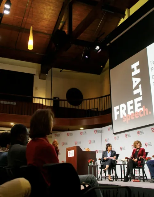 Radcliffe Dean Tomiko Brown-Nagin (from left), Nadine Strossen, Keith E. Whittington, Jeannie Suk Gersen, and Erica Chenoweth discussed the practical and legal challenges around speech policies on college campuses.