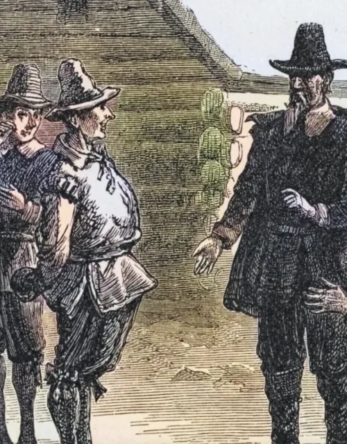 Engraving of the Plymouth Colony governor confiscating toys from Pilgrims on Christmas Day.